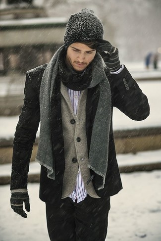 Dunkelbraunes Wollsakko kombinieren – 65 Herren Outfits kalt Wetter: Kombinieren Sie ein dunkelbraunes Wollsakko mit schwarzen Jeans, wenn Sie einen gepflegten und stylischen Look wollen.