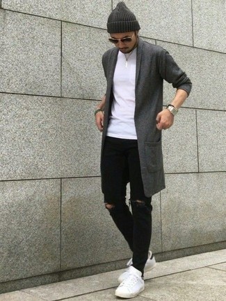 Welche enge Jeans mit dunkelgrauer Strickjacke zu tragen – 36 Herren Outfits