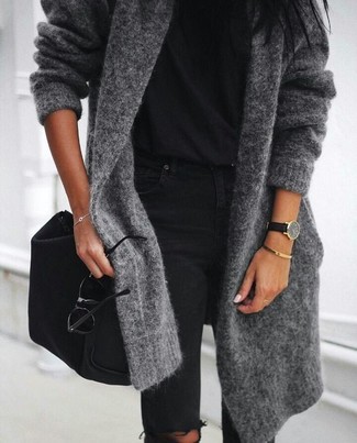 Dunkelgraue Strickjacke mit einer offenen Front kombinieren – 188 Damen Outfits