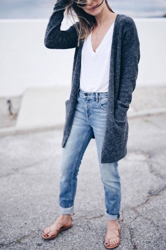 Dunkelgraue Strickjacke mit einer offenen Front kombinieren – 188 Damen Outfits