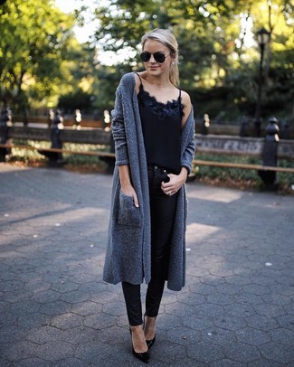 Dunkelgraue Strickjacke mit einer offenen Front kombinieren – 188 Damen Outfits