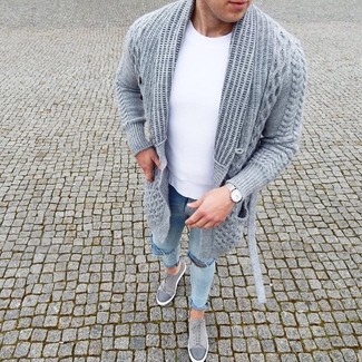 Dunkelgraue Strickjacke mit einer offenen Front kombinieren – 39 Herren Outfits