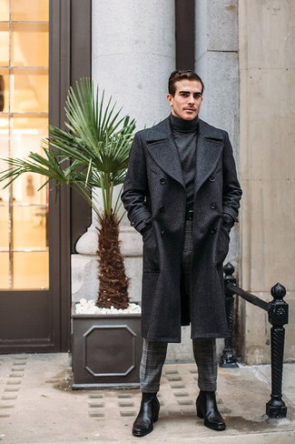 Wie dunkelgrauen Mantel mit schwarzer Chelsea Boots aus Leder zu kombinieren – 121 Herren Outfits
