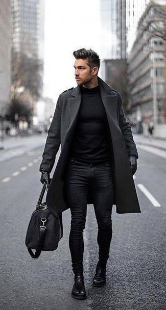 Wie dunkelgrauen Mantel mit schwarzer Chelsea Boots aus Leder zu kombinieren – 121 Herren Outfits