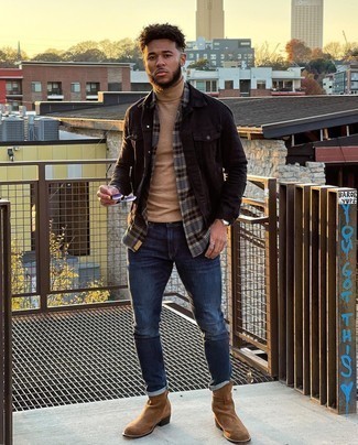 Dunkelgraues Flanell Langarmhemd mit Schottenmuster kombinieren – 38 Herren Outfits