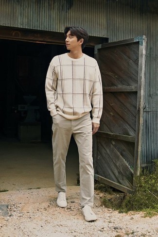 Pullover mit einem Rundhalsausschnitt mit Karomuster kombinieren – 23 Herren Outfits