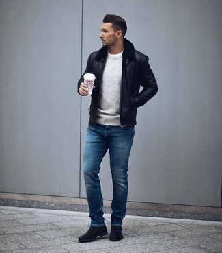 Wie Pullover mit einem Rundhalsausschnitt mit Bomberjacke zu kombinieren – 334 Herren Outfits