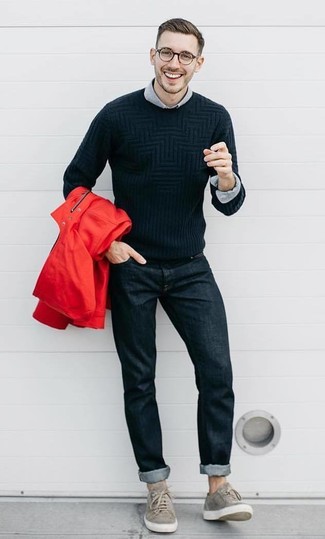20 Jährige: Wie Pullover mit einem Rundhalsausschnitt mit Langarmhemdes zu kombinieren – 239 Herren Outfits warm Wetter