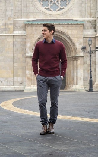 20 Jährige: Wie Pullover mit einem Rundhalsausschnitt mit Langarmhemdes zu kombinieren – 239 Herren Outfits warm Wetter