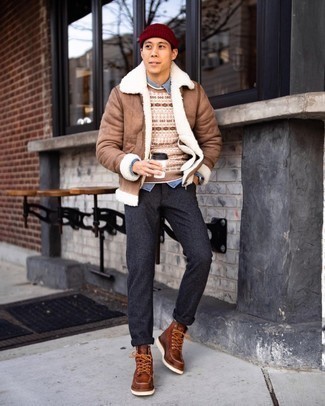 20 Jährige: Wie Pullover mit einem Rundhalsausschnitt mit Langarmhemdes zu kombinieren – 13 Winter Herren Outfits