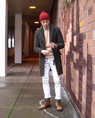 20 Jährige: Wie Pullover mit einem Rundhalsausschnitt mit Langarmhemdes zu kombinieren – 13 Winter Herren Outfits