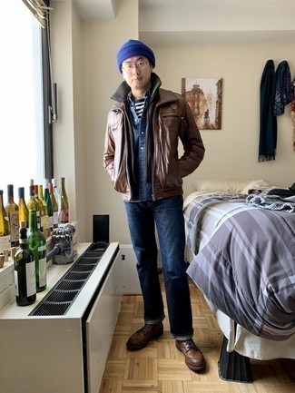 Welche Jeanshemden mit dunkelbrauner Bomberjacke zu tragen – 13 Herren Outfits
