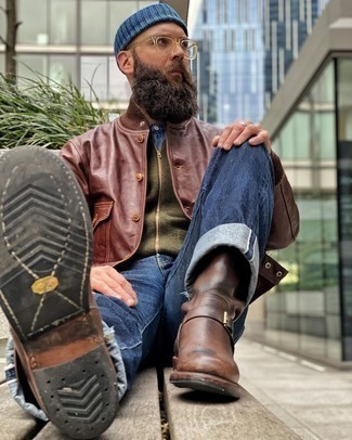 Welche Jeanshemden mit dunkelbrauner Bomberjacke zu tragen – 13 Herren Outfits