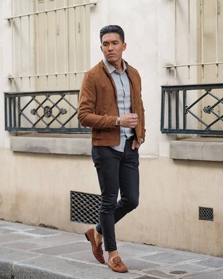Welche Kurzarmhemden mit dunkelbrauner Bomberjacke zu tragen – 47 Herren Outfits