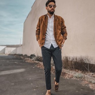 Welche Kurzarmhemden mit dunkelbrauner Bomberjacke zu tragen – 47 Herren Outfits