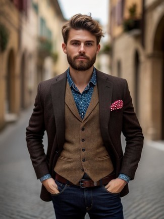 Dunkelbraunes Wollsakko mit Fischgrätenmuster kombinieren – 38 Herren Outfits