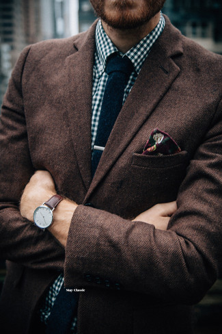 Dunkelbraunes Wollsakko mit Fischgrätenmuster kombinieren – 38 Herren Outfits