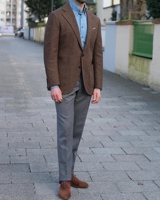 Dunkelbraunes Wollsakko mit Fischgrätenmuster kombinieren – 38 Herren Outfits