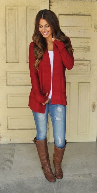 Dunkelbraune kniehohe Stiefel aus Leder kombinieren – 105 Damen Outfits