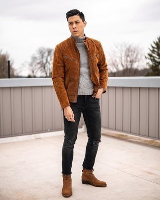 Dunkelbraune Wildleder Bomberjacke kombinieren – 30 Herren Outfits kühl Wetter