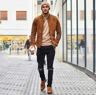 Dunkelbraune Wildleder Bomberjacke kombinieren – 30 Herren Outfits kühl Wetter