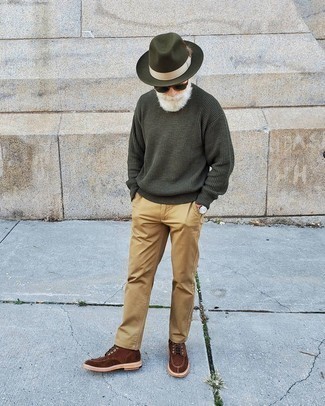Welche Freizeitstiefel mit dunkelgrünen Pullovers mit einem Rundhalsausschnitt zu tragen – 42 Herren Outfits