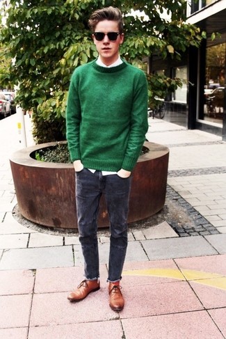 Welche Jeans mit dunkelgrünen Pullovers mit einem Rundhalsausschnitt zu tragen – 147 Herren Outfits