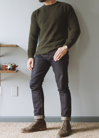 Welche Jeans mit dunkelgrünen Pullovers mit einem Rundhalsausschnitt zu tragen – 147 Herren Outfits