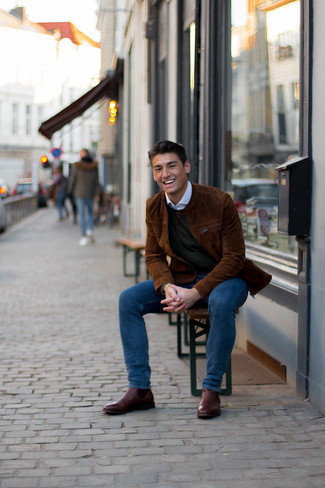 Welche Jeans mit dunkelgrünen Pullovers mit einem Rundhalsausschnitt zu tragen – 100 Herren Outfits warm Wetter