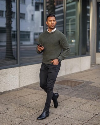 Welche Jeans mit dunkelgrünen Pullovers mit einem Rundhalsausschnitt zu tragen – 100 Herren Outfits warm Wetter