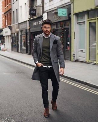 Welche Mäntel mit dunkelgrünen Pullovers mit einem Rundhalsausschnitt zu tragen – 46 Herren Outfits
