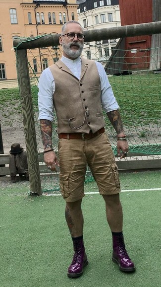 Dunkellila Lederfreizeitstiefel kombinieren – 19 Herren Outfits