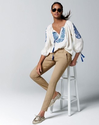 weiße und blaue bestickte Folklore Bluse von Madewell
