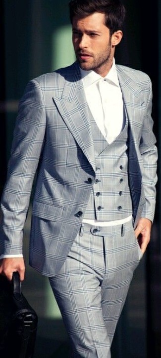Grauen Anzug mit Schottenmuster kombinieren – 279 Elegante Herren Outfits: Vereinigen Sie einen grauen Anzug mit Schottenmuster mit einem weißen Businesshemd, um vor Klasse und Perfektion zu strotzen.
