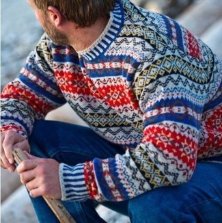 grauer Pullover mit einem Rundhalsausschnitt mit Norwegermuster von Asos