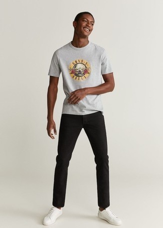 graues bedrucktes T-Shirt mit einem Rundhalsausschnitt von AMI Alexandre Mattiussi