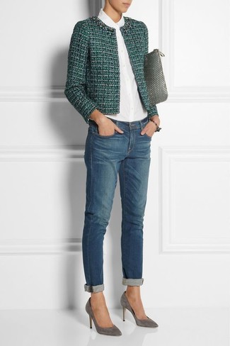 Grüne Tweed-Jacke kombinieren – 4 Damen Outfits