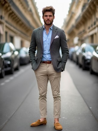 Graues Wollsakko mit Fischgrätenmuster kombinieren – 92 Herren Outfits