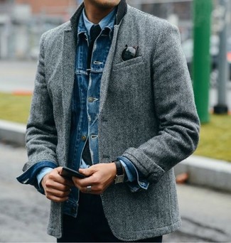 Graues Wollsakko mit Fischgrätenmuster kombinieren – 92 Herren Outfits