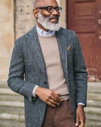 Graues Wollsakko mit Fischgrätenmuster kombinieren – 92 Herren Outfits