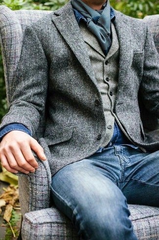 Graues Wollsakko mit Fischgrätenmuster kombinieren – 92 Herren Outfits