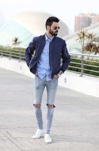 Graue enge Jeans mit Destroyed-Effekten kombinieren – 218 Herren Outfits