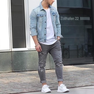 Graue enge Jeans mit Destroyed-Effekten kombinieren – 218 Herren Outfits