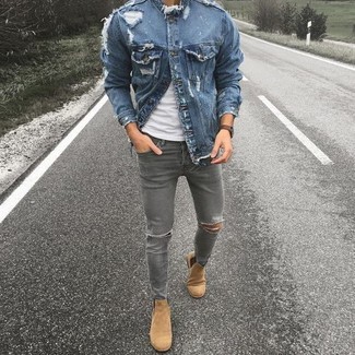 Graue enge Jeans mit Destroyed-Effekten kombinieren – 218 Herren Outfits