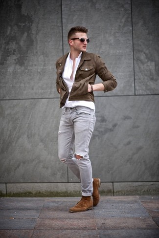 Graue enge Jeans mit Destroyed-Effekten kombinieren – 218 Herren Outfits