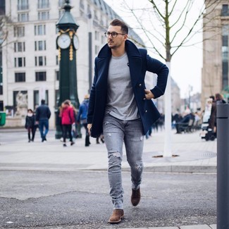 Graue enge Jeans mit Destroyed-Effekten kombinieren – 218 Herren Outfits