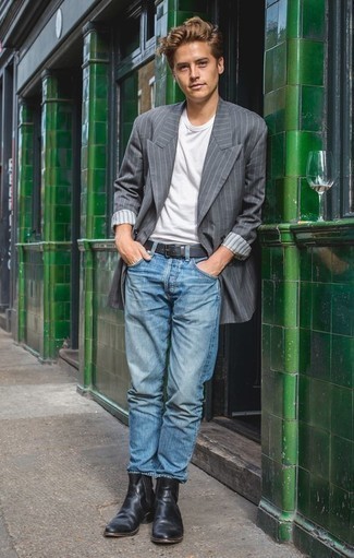 Graues vertikal gestreiftes Zweireiher-Sakko kombinieren – 24 Herren Outfits