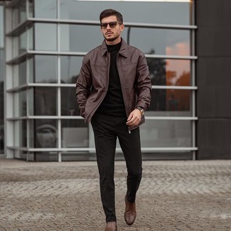 Schwarze Chinohose kombinieren – 500+ Herren Outfits: Kombinieren Sie eine dunkelbraune Harrington-Jacke aus Leder mit einer schwarzen Chinohose für ein großartiges Wochenend-Outfit. Putzen Sie Ihr Outfit mit dunkelbraunen Chelsea Boots aus Leder.