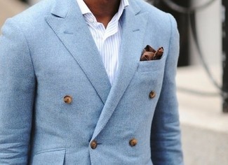 30 Jährige: Türkises Zweireiher-Sakko kombinieren – 34 Herren Outfits: Kombinieren Sie ein türkises Zweireiher-Sakko mit einem weißen und blauen vertikal gestreiften Businesshemd für eine klassischen und verfeinerte Silhouette.