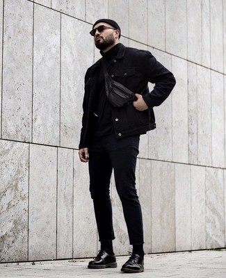 Schwarze Sonnenbrille kombinieren – 500+ Herbst Herren Outfits: Entscheiden Sie sich für Komfort in einer schwarzen Jeansjacke und einer schwarzen Sonnenbrille. Schalten Sie Ihren Kleidungsbestienmodus an und machen schwarzen Leder Derby Schuhe zu Ihrer Schuhwerkwahl. Schon ergibt sich ein cooler Übergangs-Look.